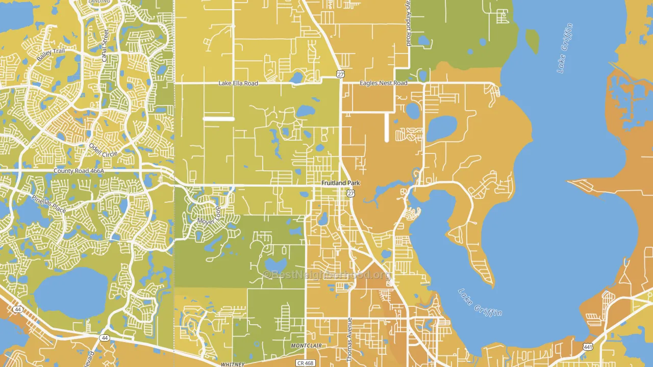Map of the best neighborhoods in the Fruitland Park area, with better matches in green and worse matches in red