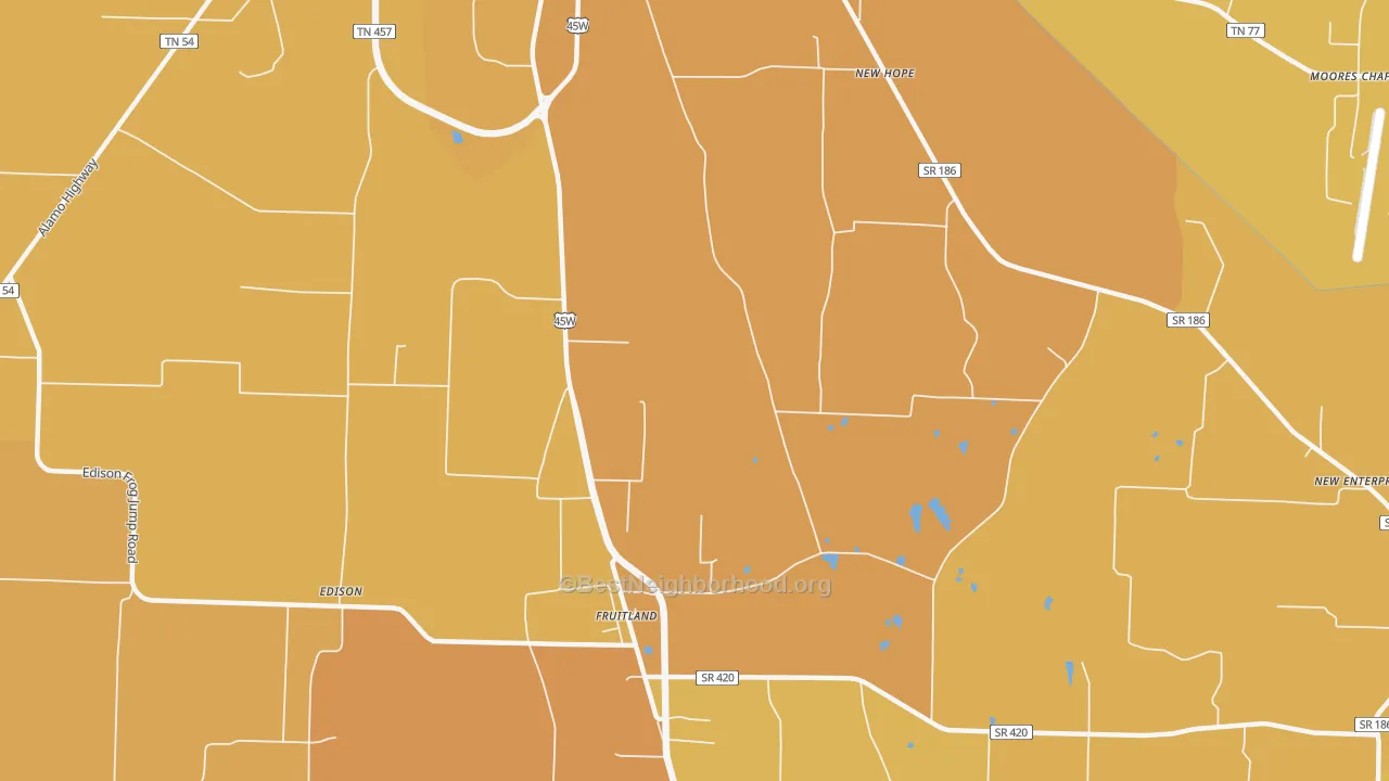Map of the best neighborhoods in the Fruitland area, with better matches in green and worse matches in red