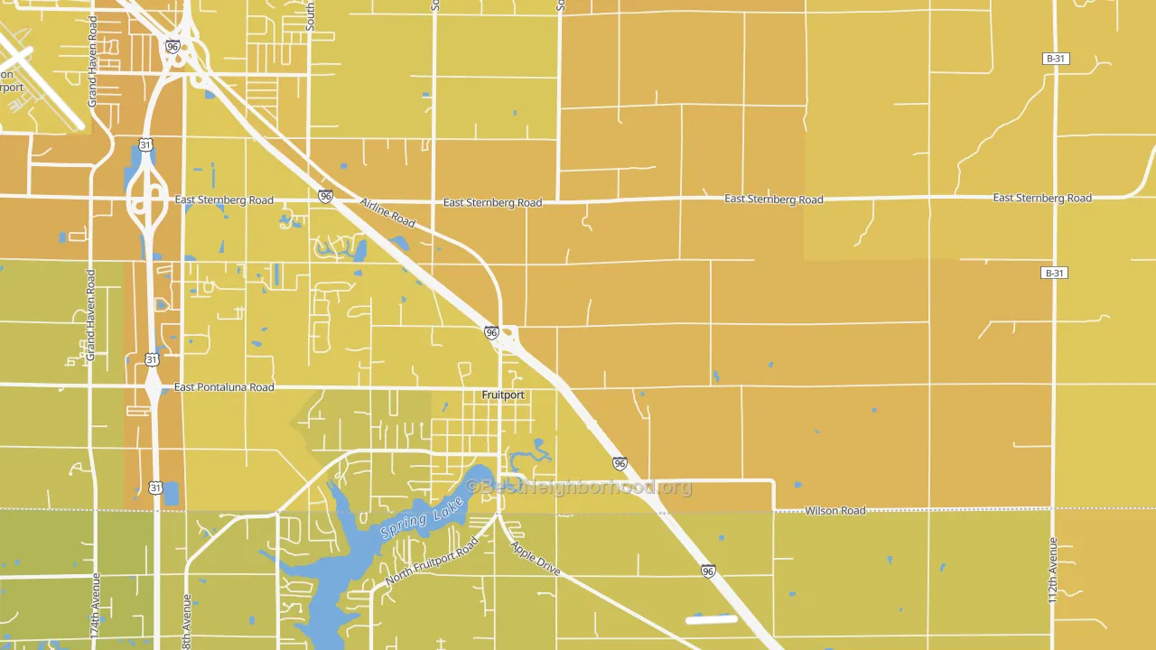 Map of the best neighborhoods in the Fruitport area, with better matches in green and worse matches in red