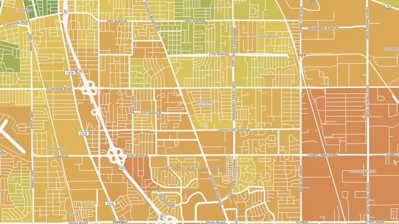 Map of the best neighborhoods in the Fruitridge Manor, Sacramento area, with better matches in green and worse matches in red