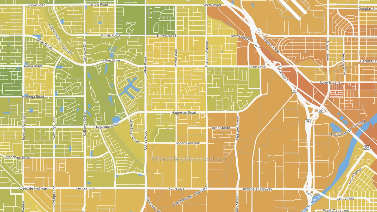 Map of the best neighborhoods in the Fruitvale, Bakersfield area, with better matches in green and worse matches in red