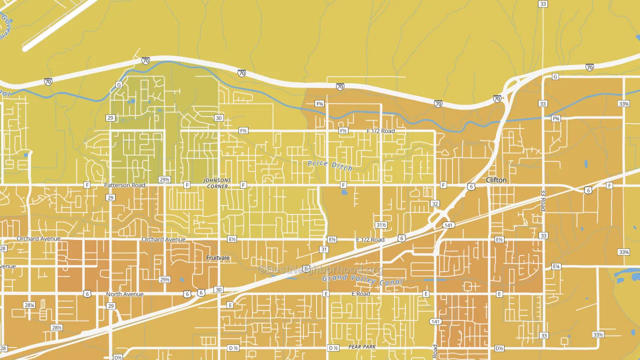 Map of the best neighborhoods in the Fruitvale area, with better matches in green and worse matches in red