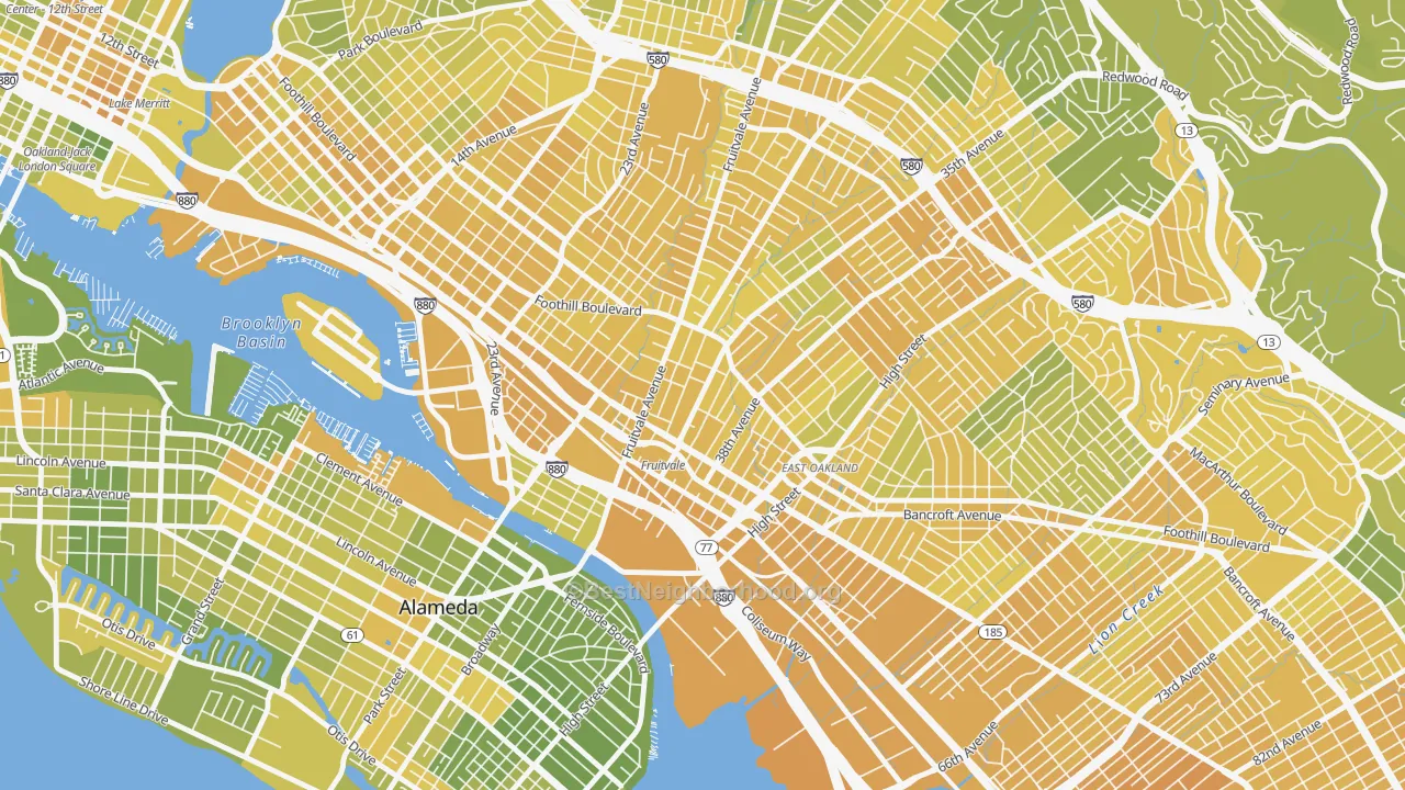 Map of the best neighborhoods in the Fruitvale Station, Oakland area, with better matches in green and worse matches in red