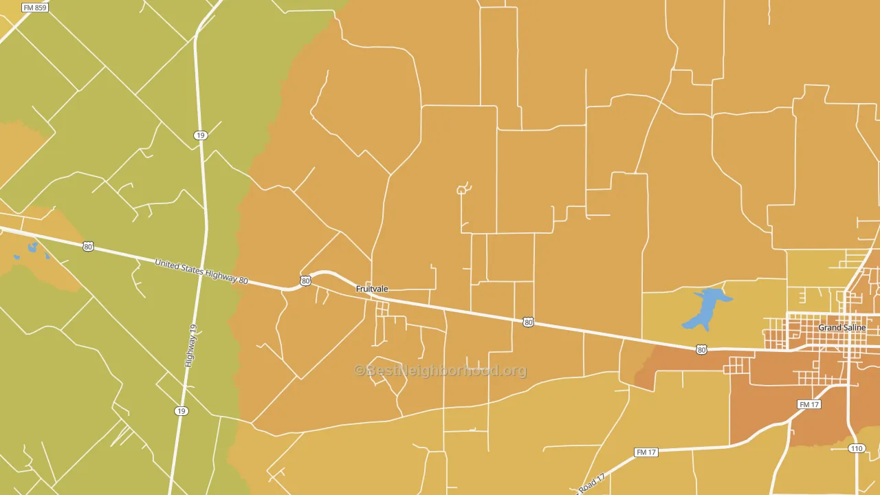 Map of the best neighborhoods in the Fruitvale area, with better matches in green and worse matches in red
