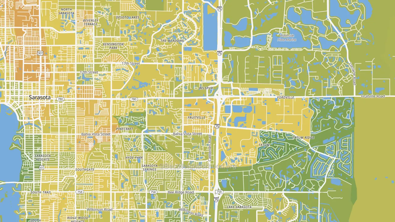 Map of the best neighborhoods in the Fruitville area, with better matches in green and worse matches in red