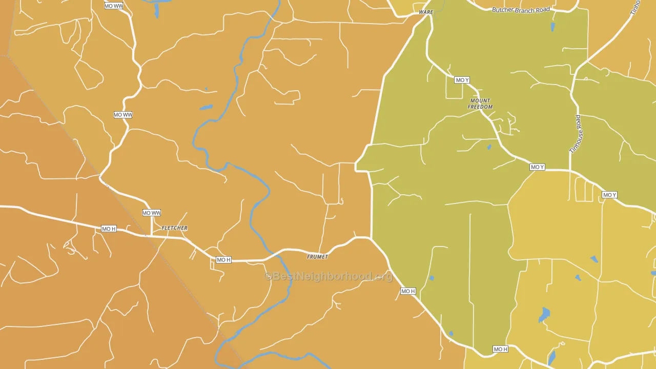 Map of the best neighborhoods in the Frumet area, with better matches in green and worse matches in red