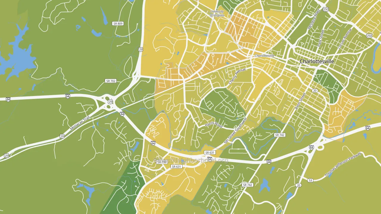 Map of the best neighborhoods in the Fry Springs, Charlottesville area, with better matches in green and worse matches in red