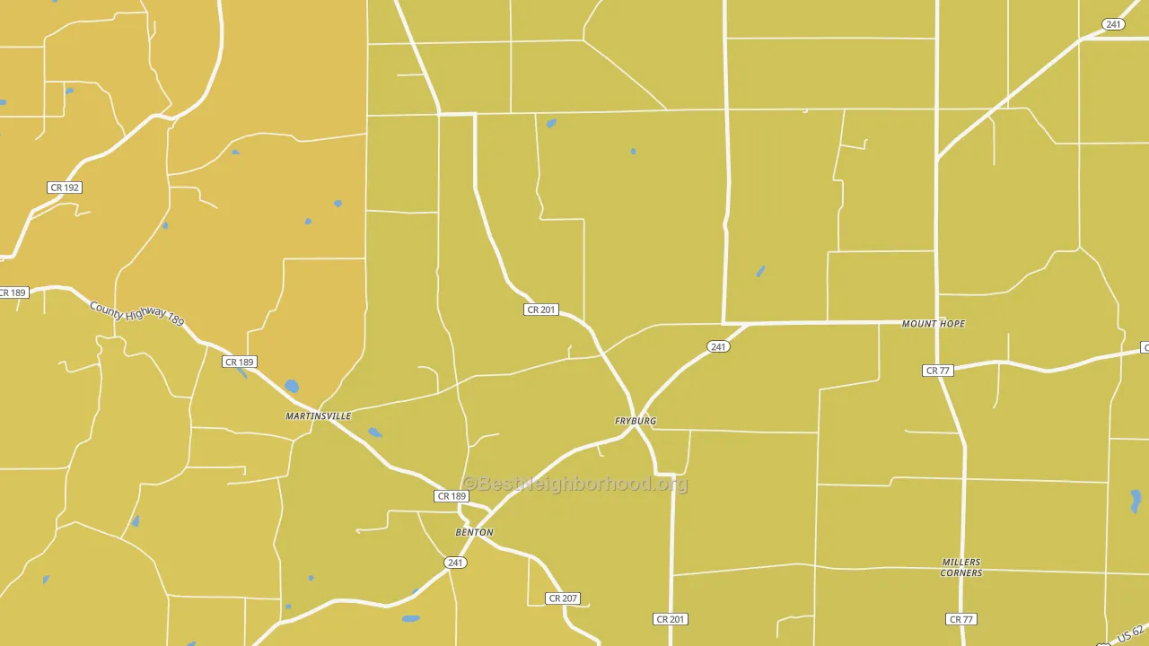 Map of the best neighborhoods in the Fryburg area, with better matches in green and worse matches in red