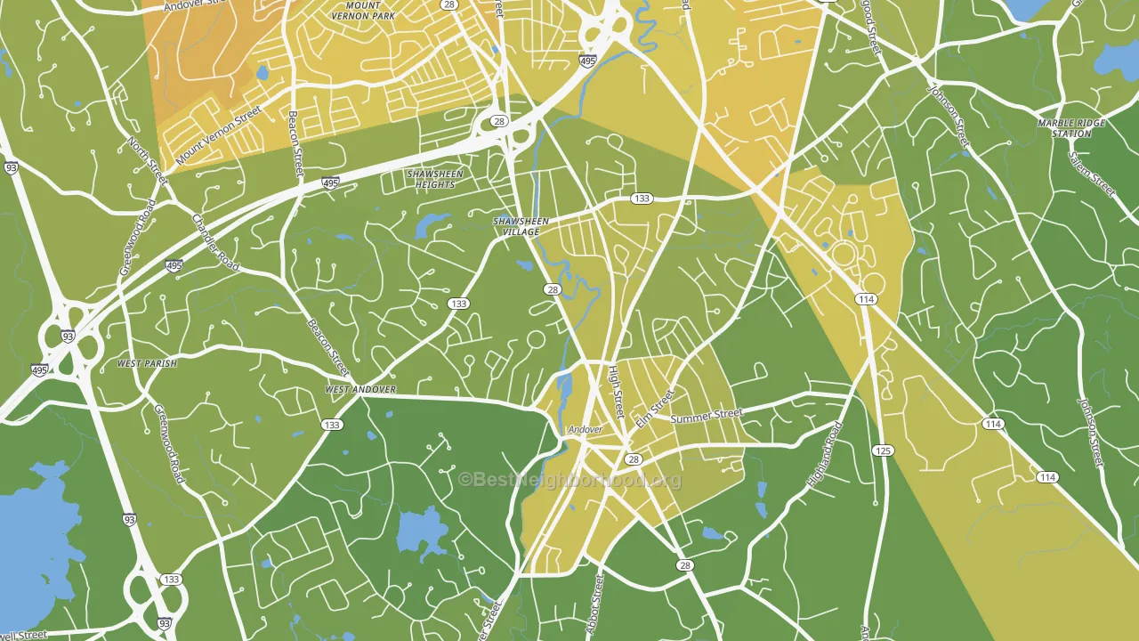 Map of the best neighborhoods in the Frye Circle, Andover area, with better matches in green and worse matches in red
