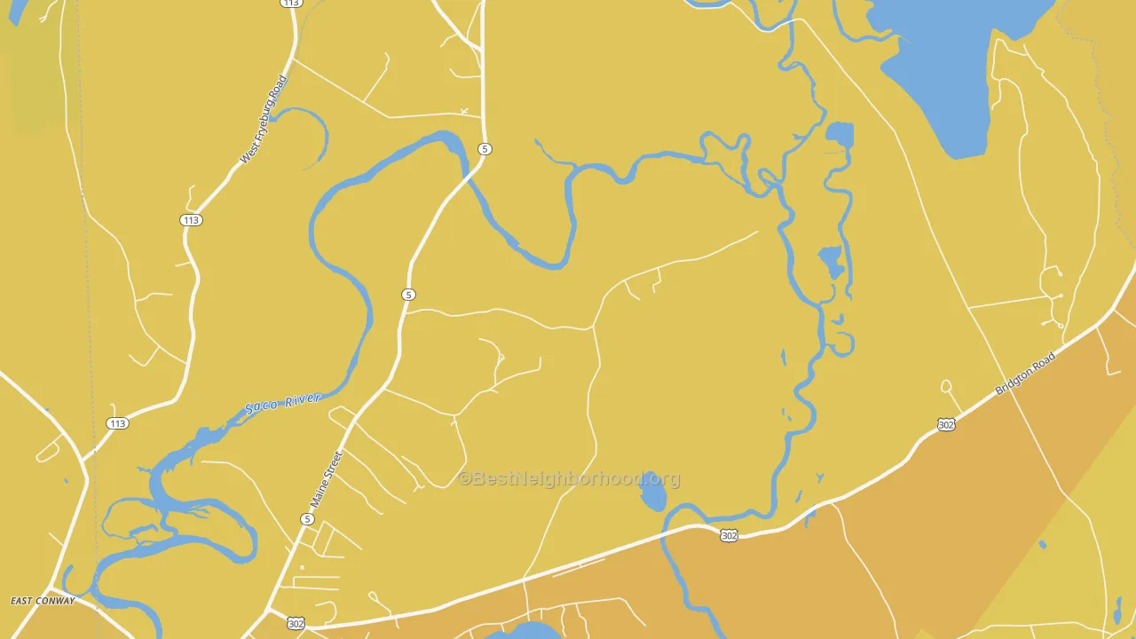 Map of the best neighborhoods in the Fryeburg Center area, with better matches in green and worse matches in red