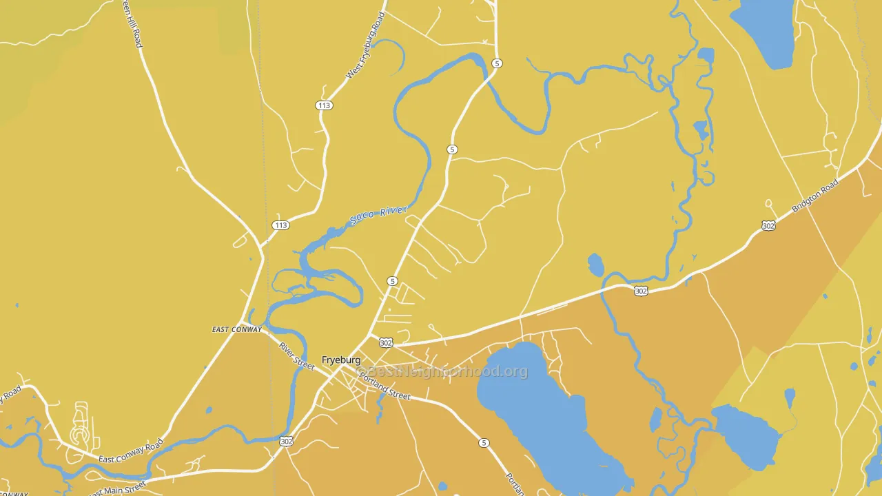 Map of the best neighborhoods in the Fryeburg area, with better matches in green and worse matches in red