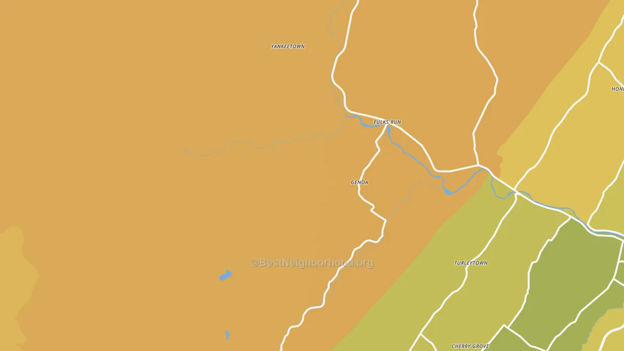 Map of the best neighborhoods in the Fulks Run area, with better matches in green and worse matches in red