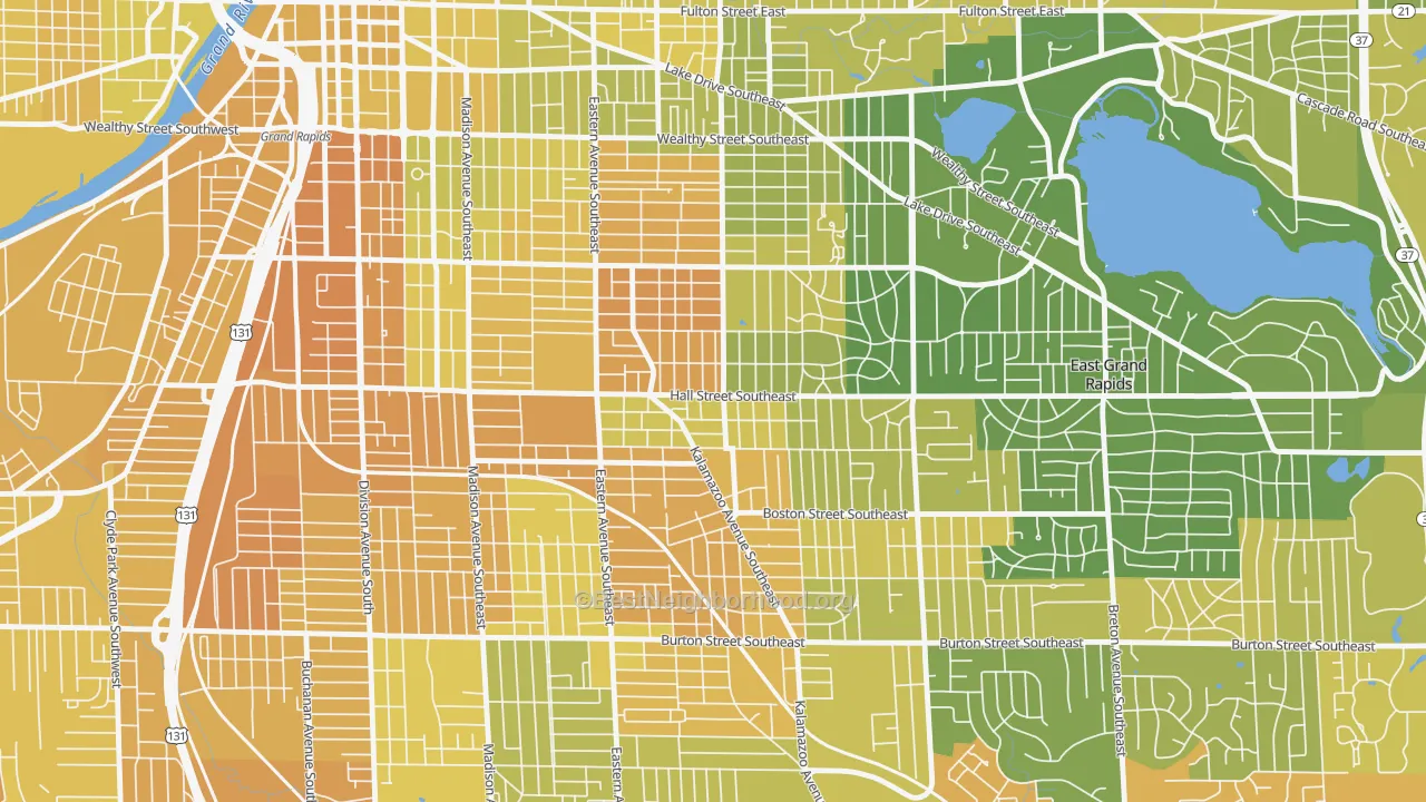 Map of the best neighborhoods in the Fuller Avenue, Grand Rapids area, with better matches in green and worse matches in red
