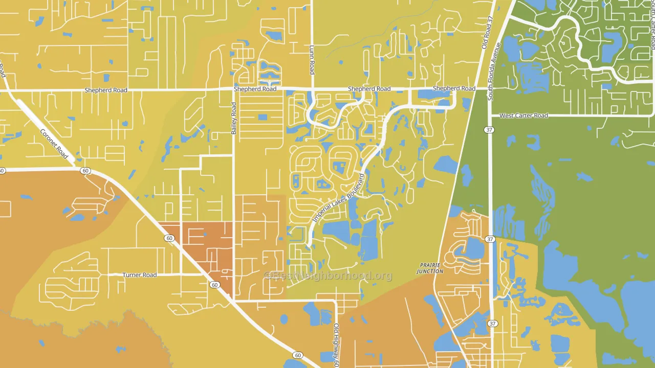 Map of the best neighborhoods in the Fuller Heights area, with better matches in green and worse matches in red