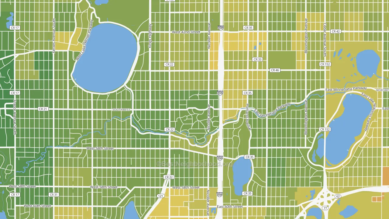 Map of the best neighborhoods in the Fuller Tangletown, Minneapolis area, with better matches in green and worse matches in red