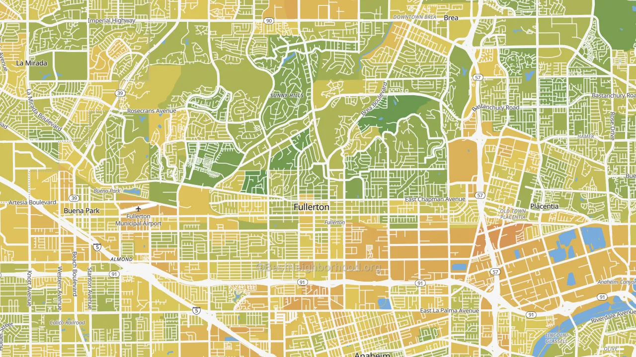 Map of the best neighborhoods in the Fullerton area, with better matches in green and worse matches in red