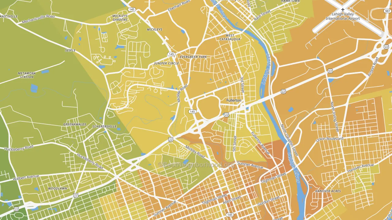 Map of the best neighborhoods in the Fullerton area, with better matches in green and worse matches in red