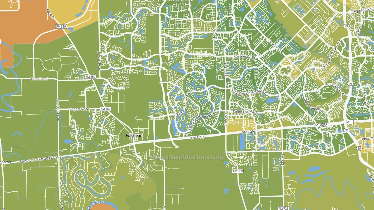 Map of the best neighborhoods in the Fulshear area, with better matches in green and worse matches in red