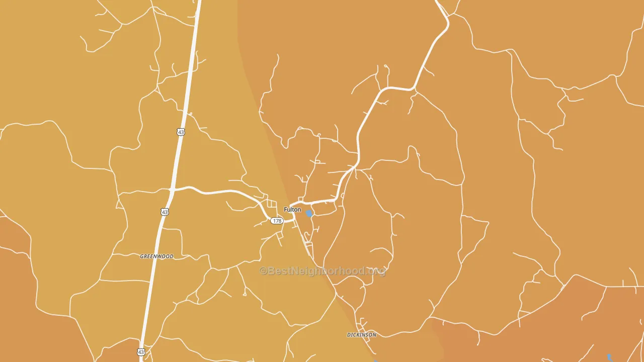 Map of the best neighborhoods in the Fulton area, with better matches in green and worse matches in red