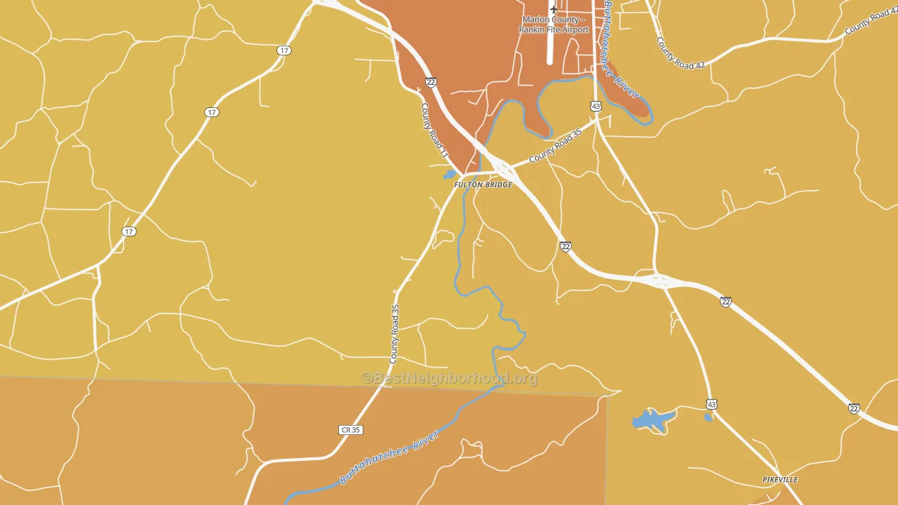 Map of the best neighborhoods in the Fulton Bridge area, with better matches in green and worse matches in red