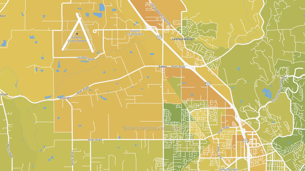 Map of the best neighborhoods in the Fulton area, with better matches in green and worse matches in red