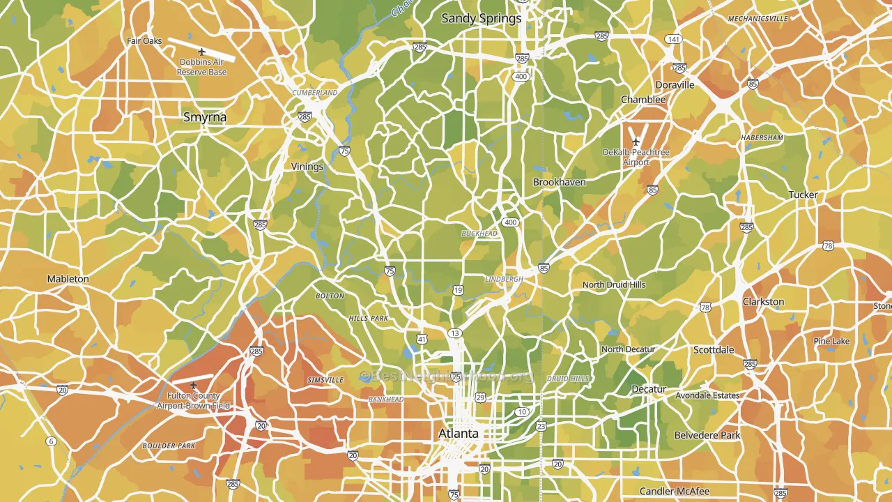 Map of the best neighborhoods in the Fulton County area, with better matches in green and worse matches in red