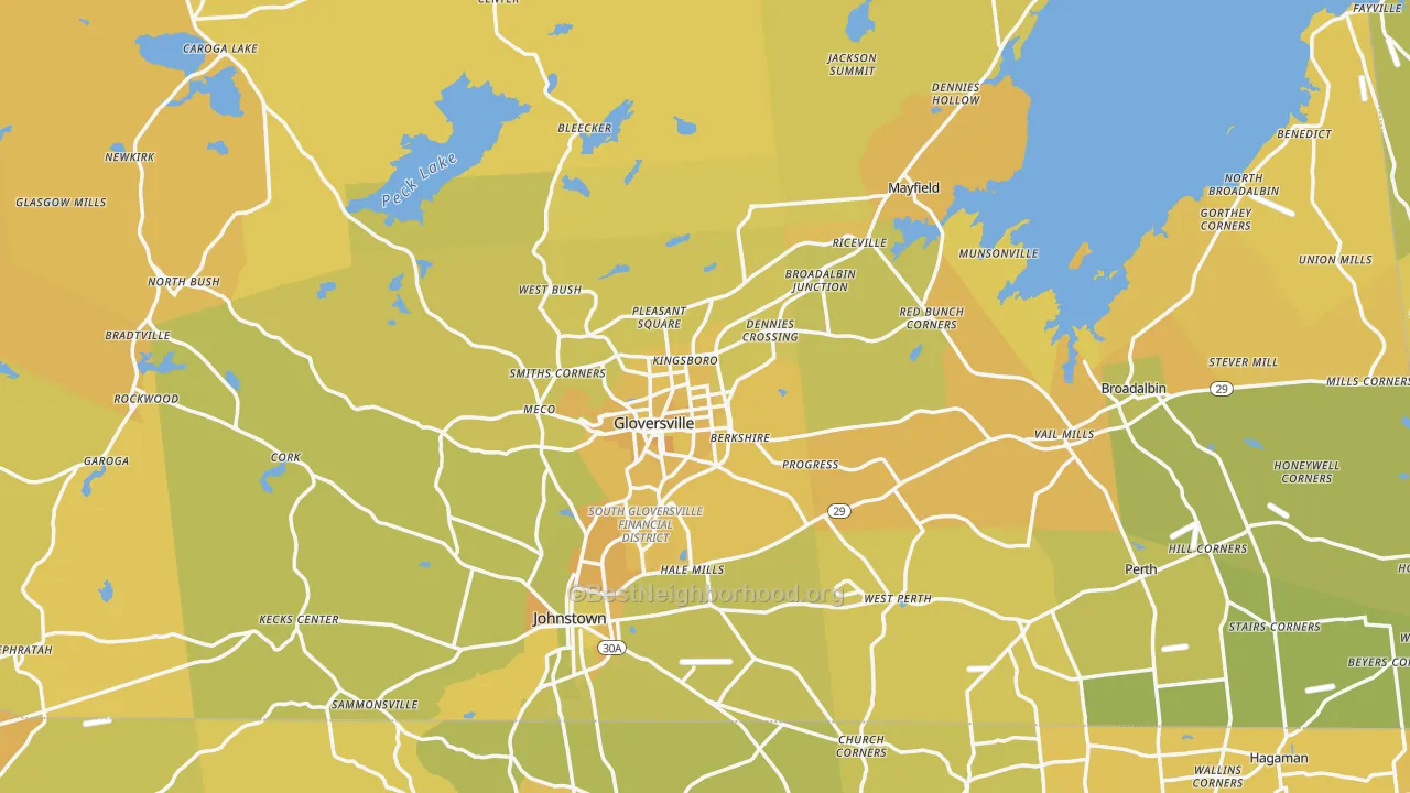 Map of the best neighborhoods in the Fulton County area, with better matches in green and worse matches in red
