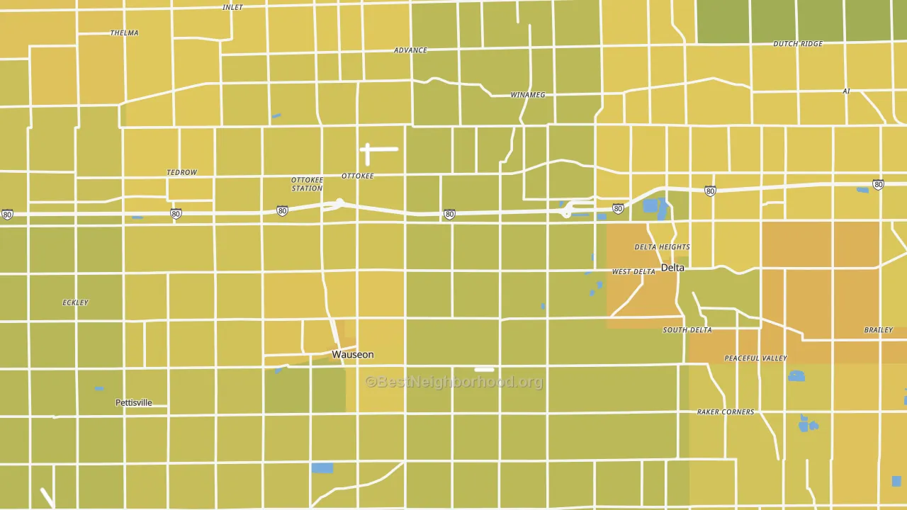 Map of the best neighborhoods in the Fulton County area, with better matches in green and worse matches in red