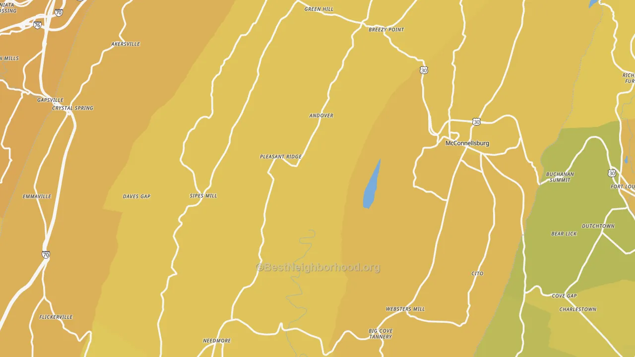 Map of the best neighborhoods in the Fulton County area, with better matches in green and worse matches in red