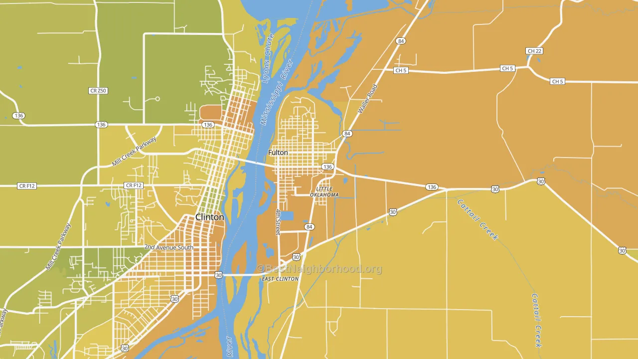Map of the best neighborhoods in the Fulton area, with better matches in green and worse matches in red