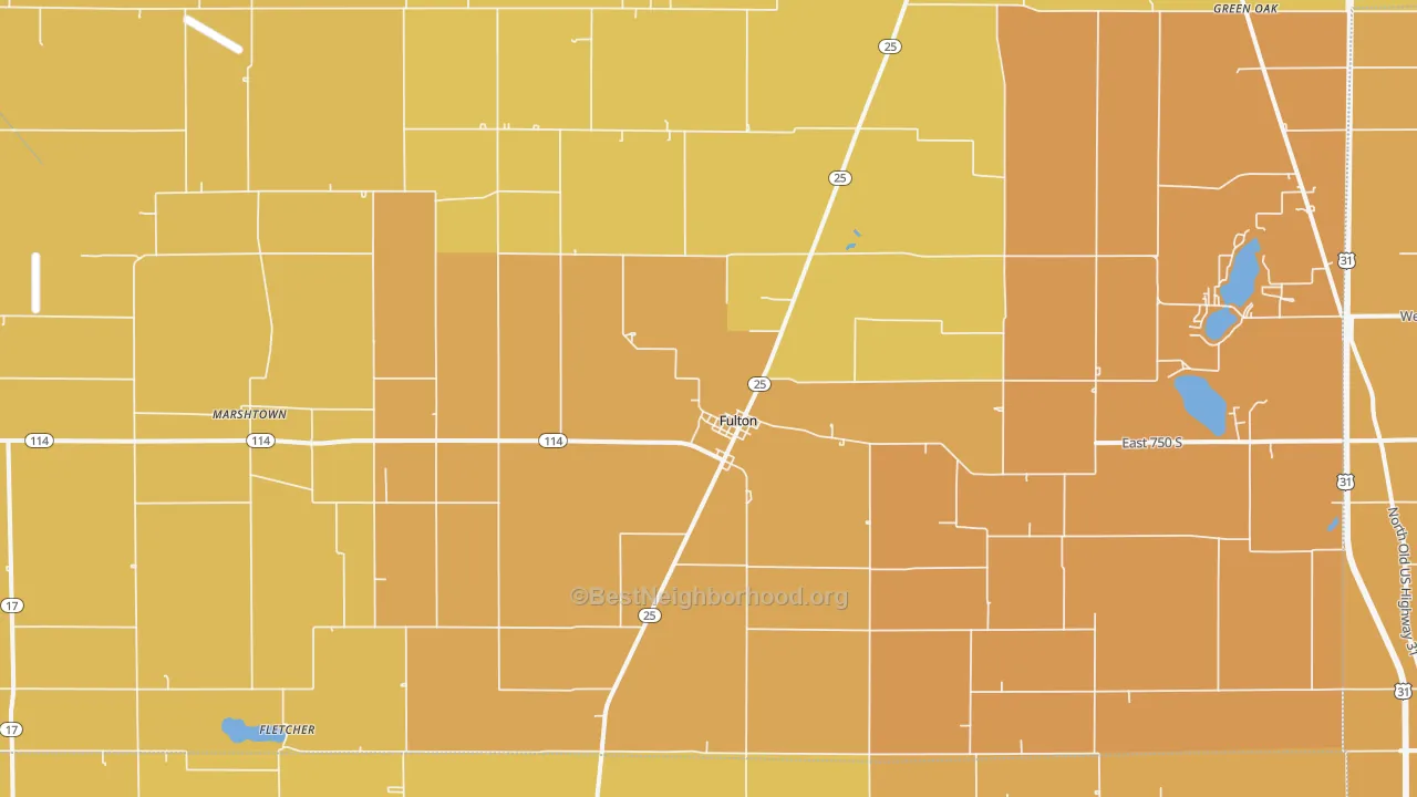 Map of the best neighborhoods in the Fulton area, with better matches in green and worse matches in red