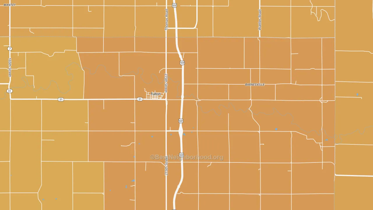 Map of the best neighborhoods in the Fulton area, with better matches in green and worse matches in red