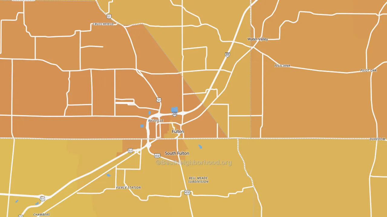 Map of the best neighborhoods in the Fulton area, with better matches in green and worse matches in red