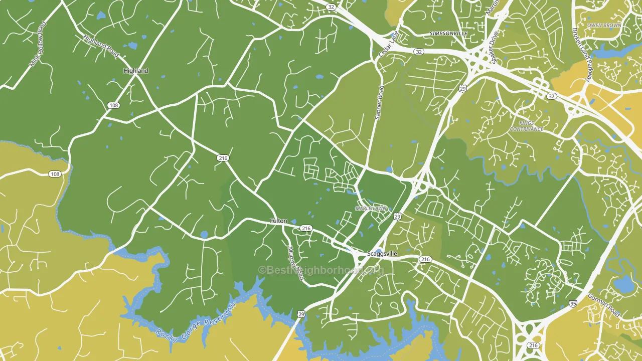 Map of the best neighborhoods in the Fulton area, with better matches in green and worse matches in red