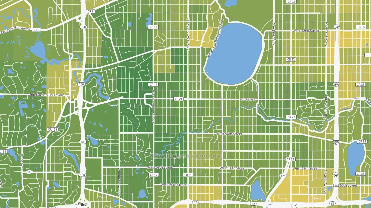 Map of the best neighborhoods in the Fulton, Minneapolis area, with better matches in green and worse matches in red