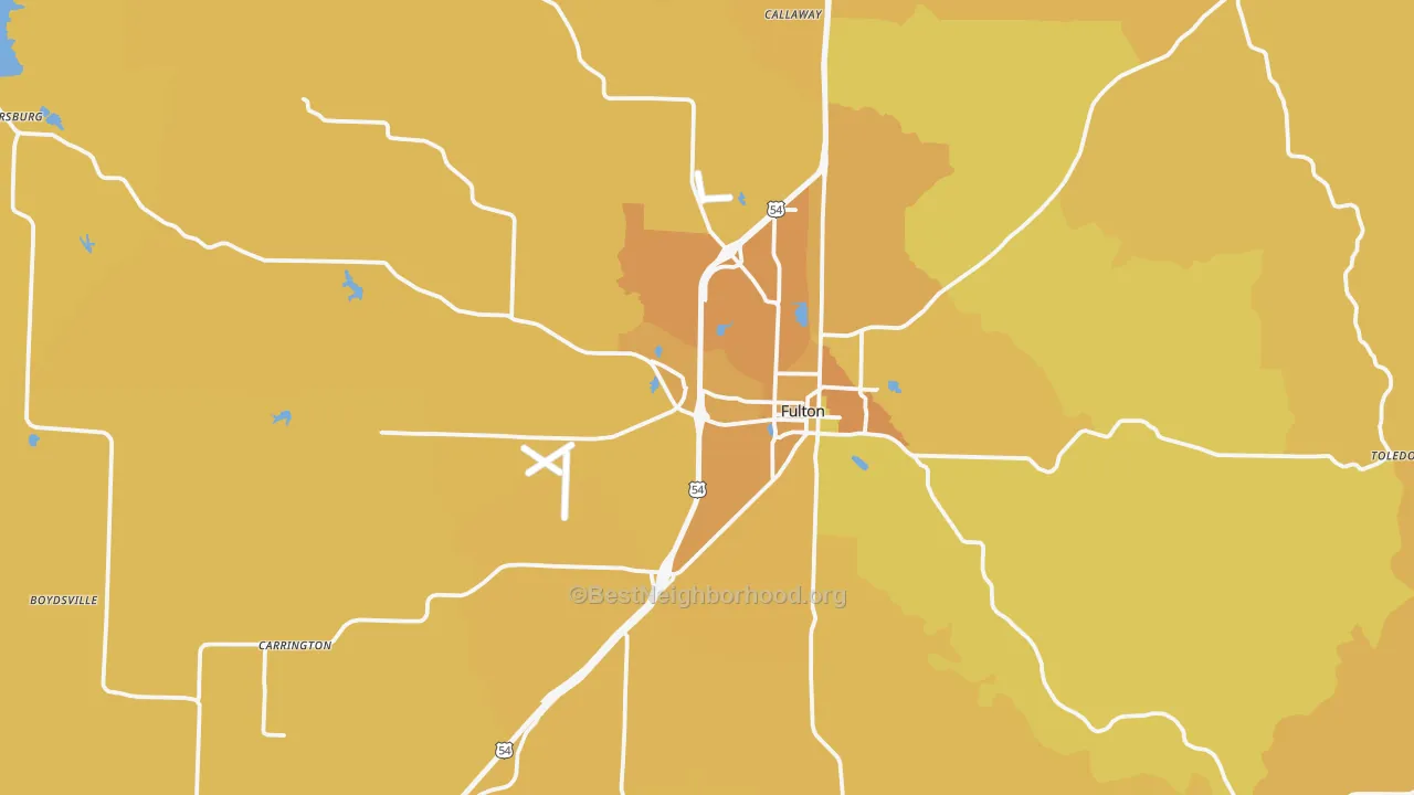 Map of the best neighborhoods in the Fulton area, with better matches in green and worse matches in red
