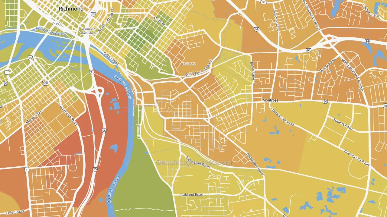 Map of the best neighborhoods in the Fulton, Montrose Heights area, with better matches in green and worse matches in red