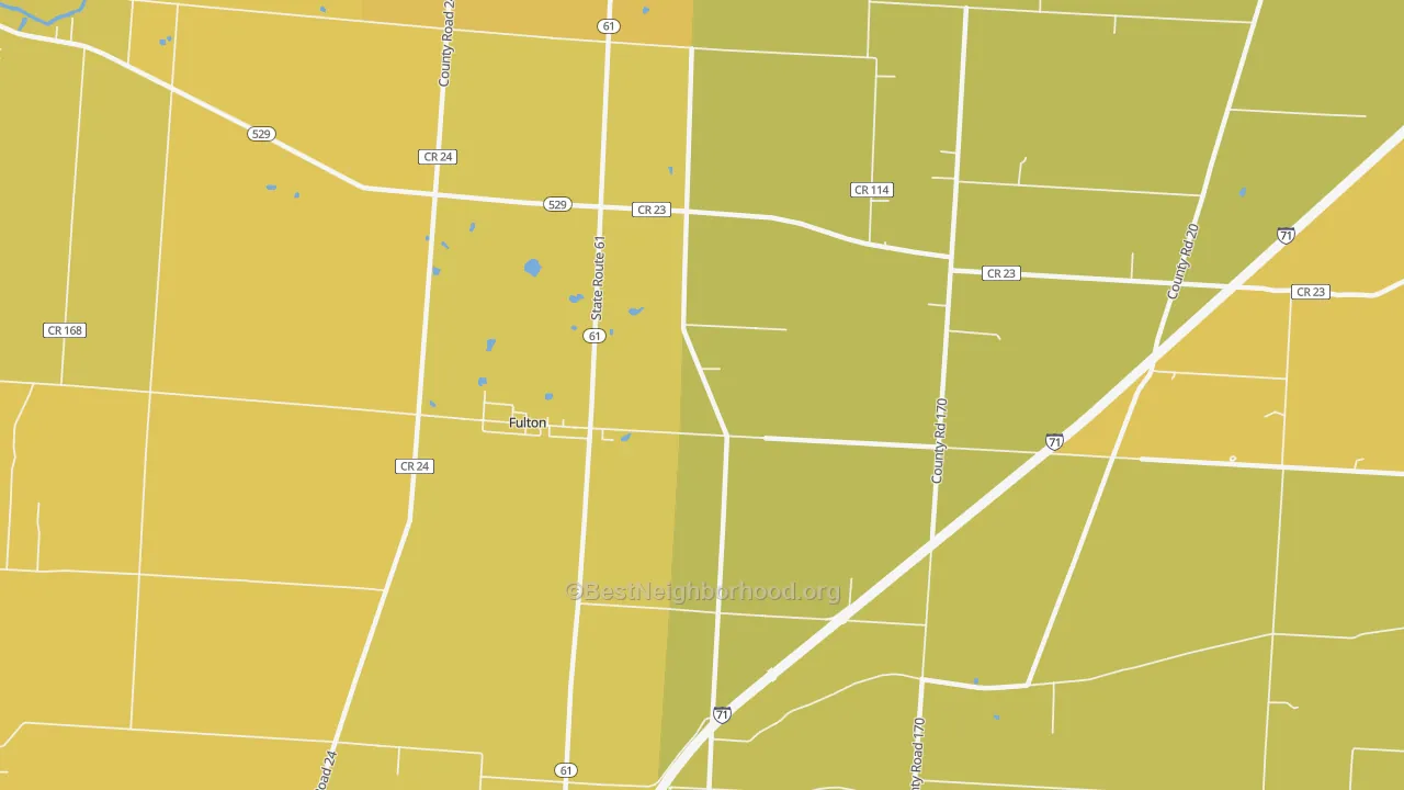 Map of the best neighborhoods in the Fulton area, with better matches in green and worse matches in red