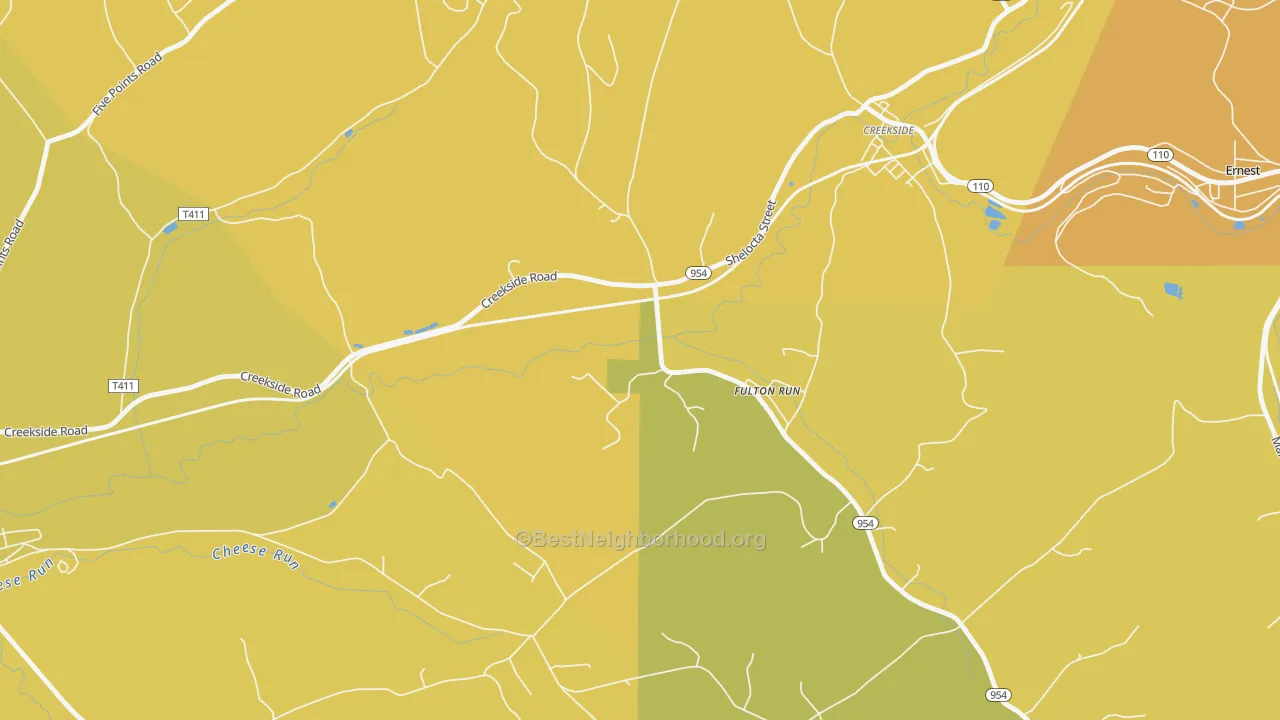 Map of the best neighborhoods in the Fulton Run area, with better matches in green and worse matches in red