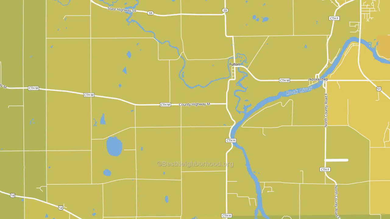 Map of the best neighborhoods in the Fulton area, with better matches in green and worse matches in red
