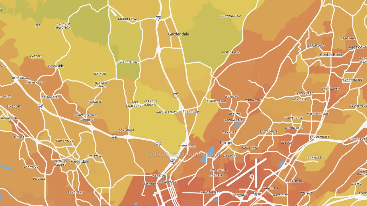 Map of the best neighborhoods in the Fultondale area, with better matches in green and worse matches in red
