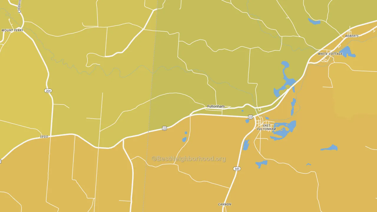 Map of the best neighborhoods in the Fultonham area, with better matches in green and worse matches in red