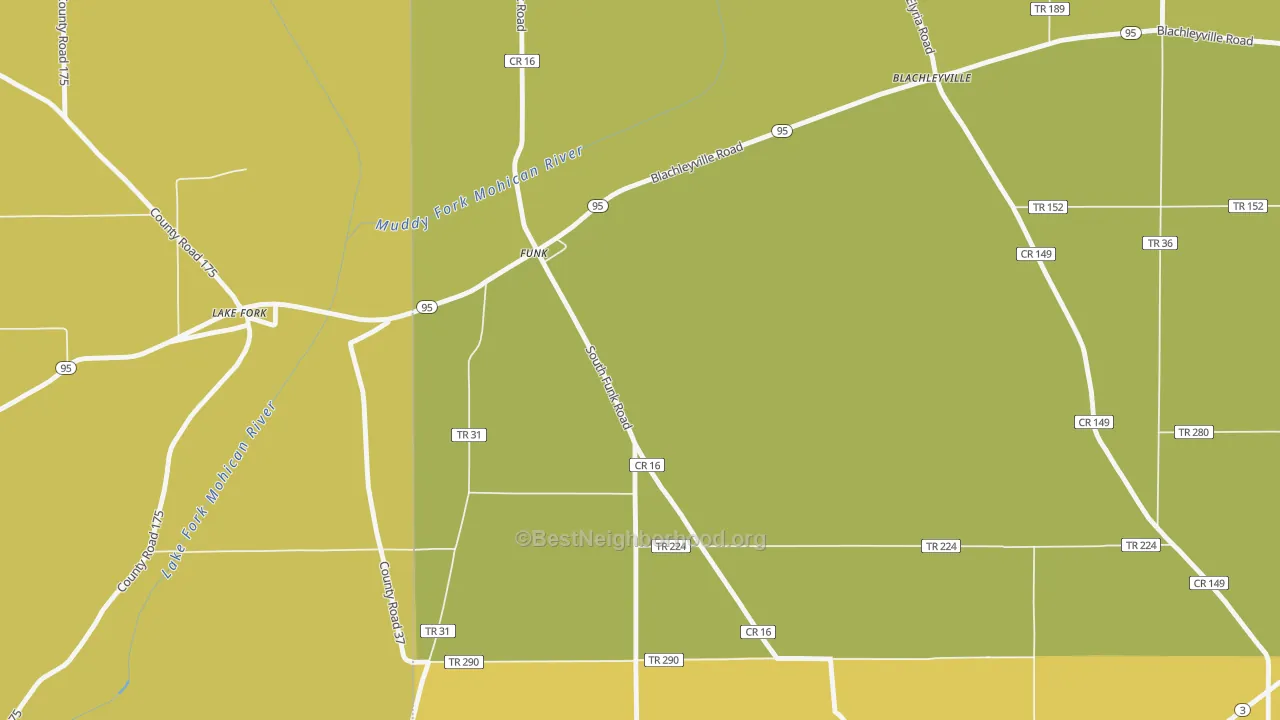 Map of the best neighborhoods in the Funk area, with better matches in green and worse matches in red