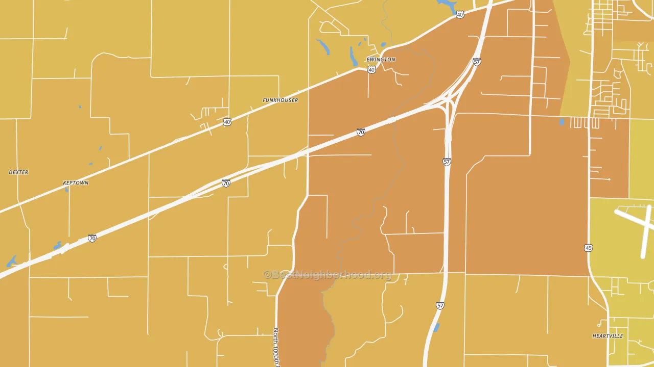 Map of the best neighborhoods in the Funkhouser area, with better matches in green and worse matches in red
