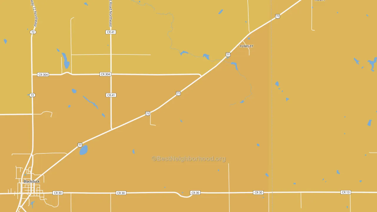 Map of the best neighborhoods in the Funkley area, with better matches in green and worse matches in red