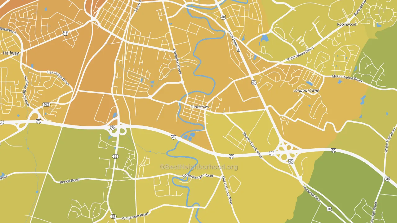 Map of the best neighborhoods in the Funkstown area, with better matches in green and worse matches in red