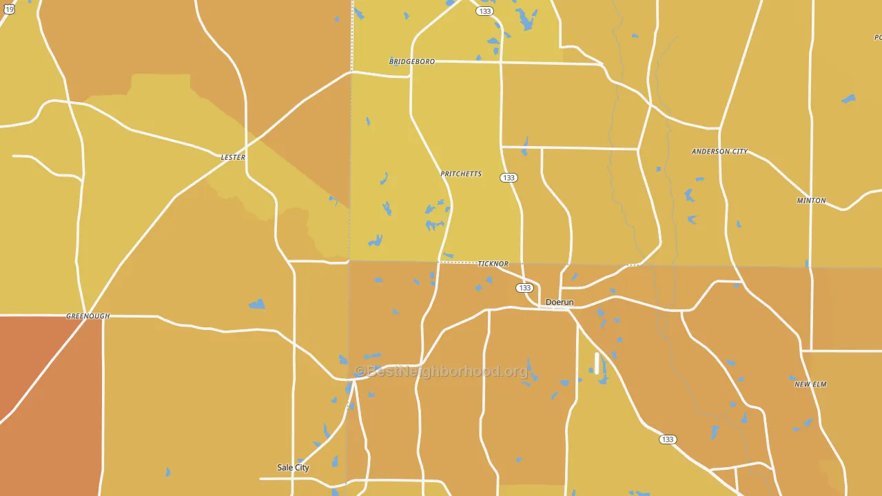 Map of the best neighborhoods in the Funston area, with better matches in green and worse matches in red