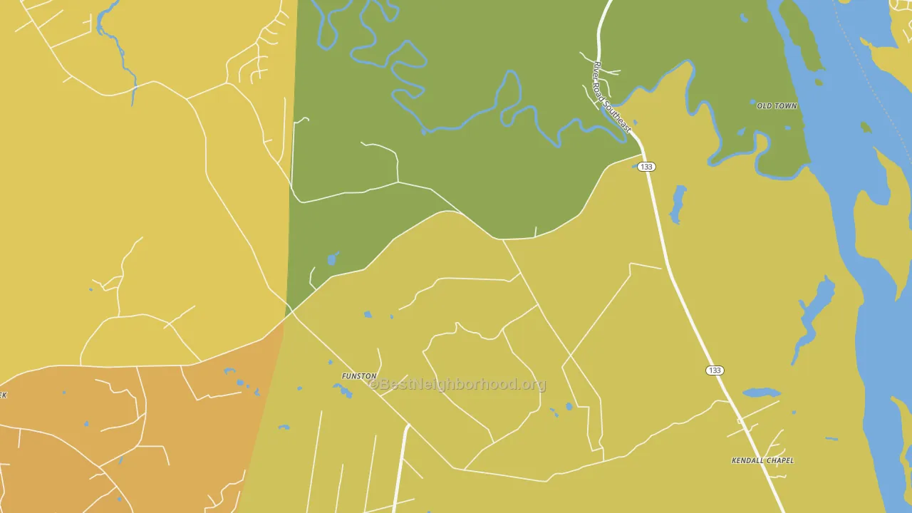 Map of the best neighborhoods in the Funston area, with better matches in green and worse matches in red