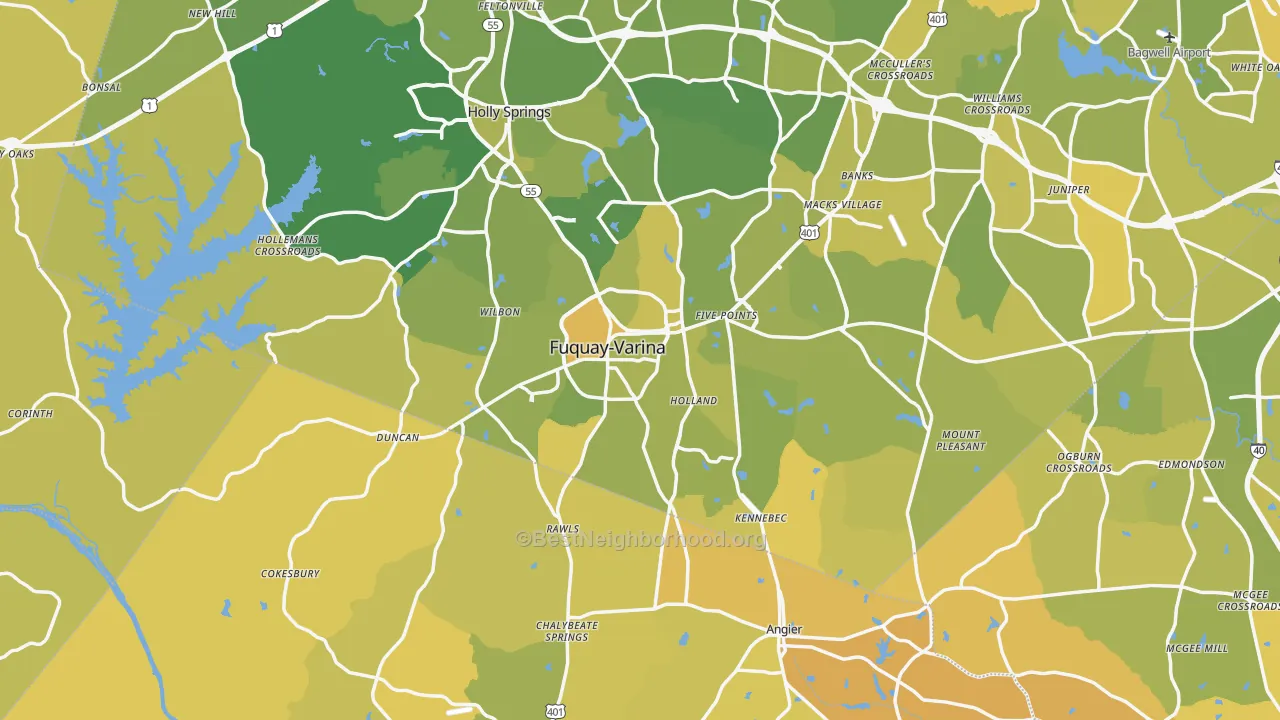 Map of the best neighborhoods in the Fuquay-Varina area, with better matches in green and worse matches in red