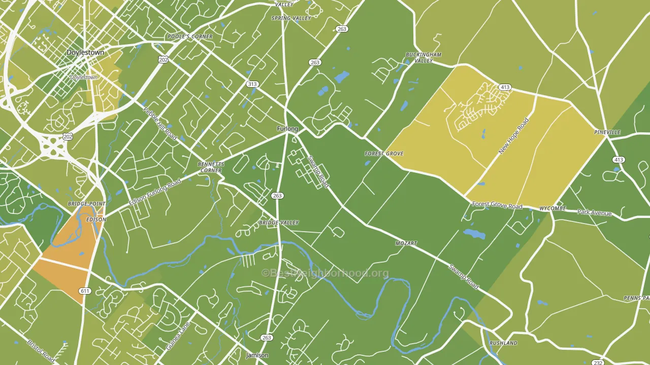 Map of the best neighborhoods in the Furlong area, with better matches in green and worse matches in red
